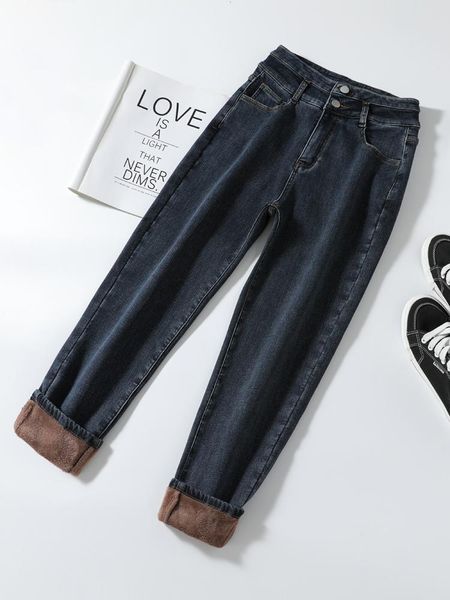 

women's jeans high waist plush thickened pants loose autumn and winter large mom elastic korean women, Blue