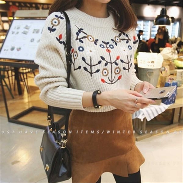 

women's sweaters korean sweater pullovers women autumn winter vintage embroidery jumpers ladies beige knitwear pull hiver femme 0c, White;black
