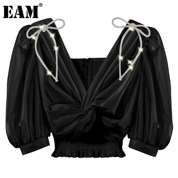 

[eam] women white pleated bow diamonds blouse v-neck half sleeve loose fit shirt fashion spring summer 1dd7466 210512
