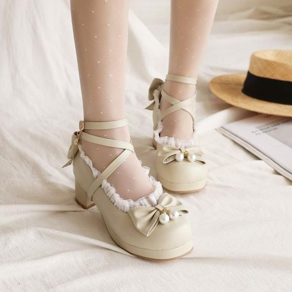 

boots 2021 sweet lace single shoes bow thick heels student lolita round head high fairy princess, Black