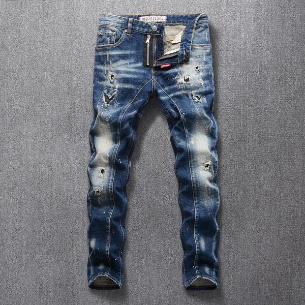 

men's jeans italian style fashion men retro blue slim fit elastic ripped punk pants spliced designer hip hop homme