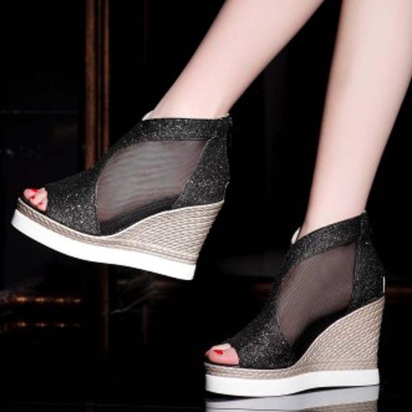 

dress shoes sagace korean style summer peep toe roman sandals women bow fashion rain wedges jelly platform, Black