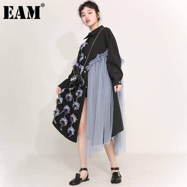 

[eam] women black flower mesh irregular big size dress lapel long sleeve loose fit fashion spring autumn 1z5060 21512, Black;gray