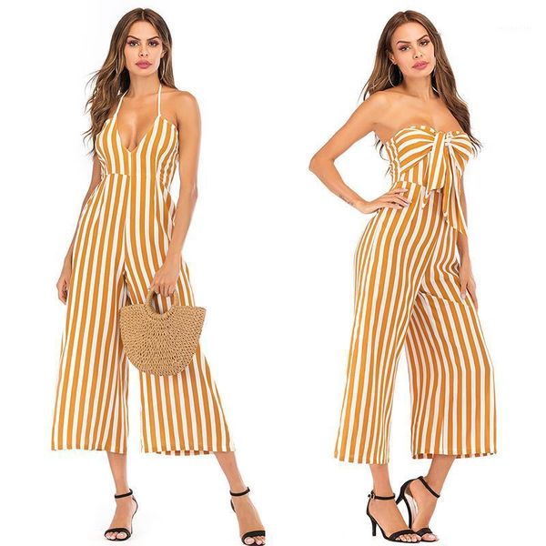 

women's jumpsuits & rompers boho ever-changing striped tube bow wide-leg elastic bust sleeveless backless female playsuits, Black;white