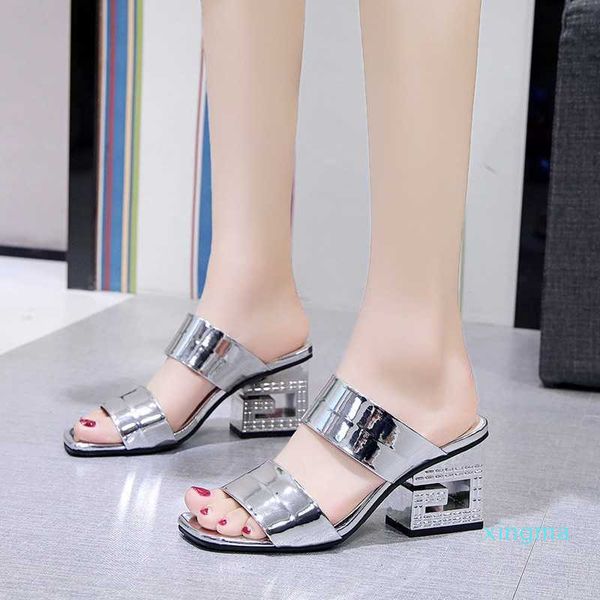 

pu bright leather fretwork heels slides fashion platform outdoor casual non-slip slippers summer square head sandals, Black