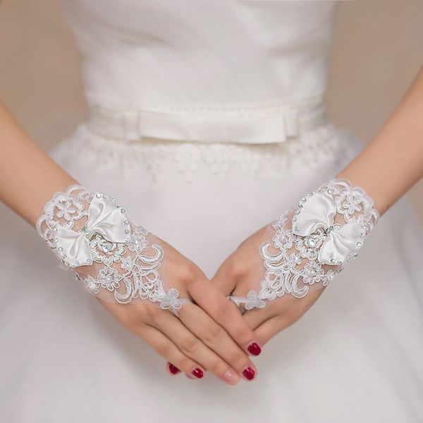 

bridal gloves cute lovely short fingerless lace appliques wedding bridal gloves with crystals beaded bowknot, White