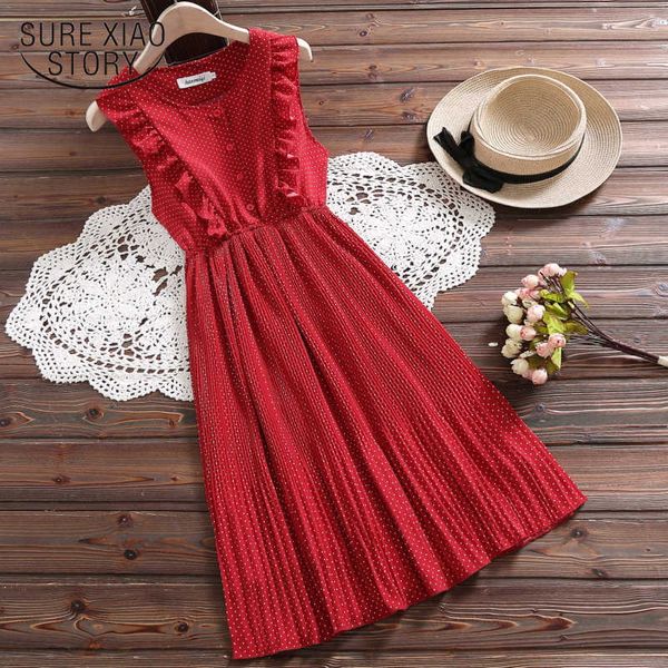 Корейские летние женщины Chic Sundress белый красный в горошек без рукавов рудят платье элегантный сладкий шифон каваи плиссированные платье 9858 210528