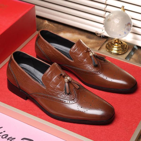 

men dress shoes pu leather brogue man business casual oxford dance party wedding formal male, Black