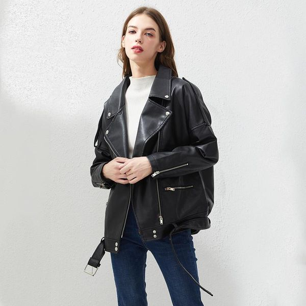

women's leather & faux fitaylor pu jacket women loose sashes casual biker jackets outwear female bf style black coat