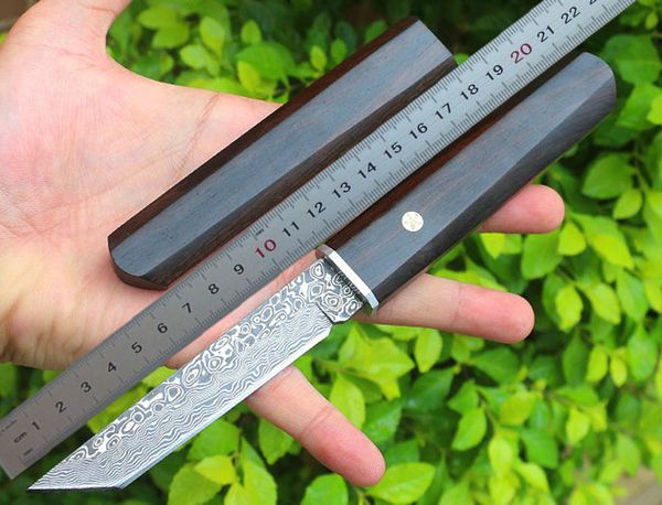 1 шт. Высококачественная выживаемость прямого ножа VG10 Damascus Steel Tanto Point Blade Ebony Ручка фиксированного лезвия ножей с деревянной оболочкой