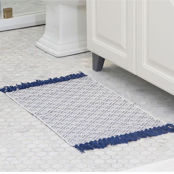 

carpets nordic geometric carpet rug for bedroom cotton linen tassel woven morocco decor blue white bathroom mat household