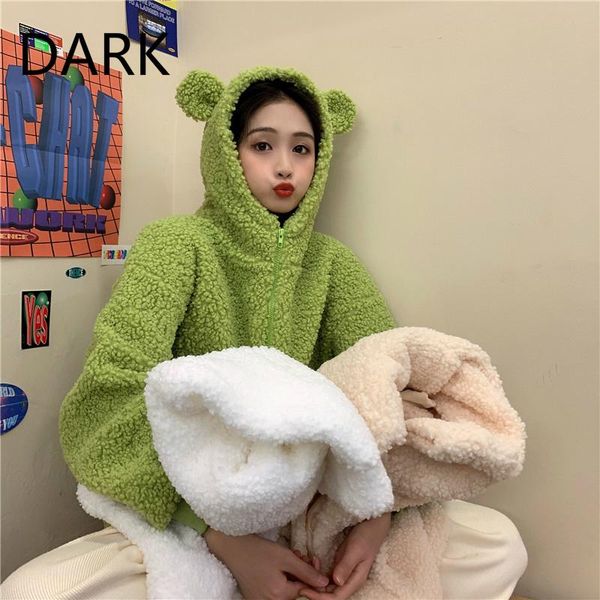 

women's jackets [dark](polar fleece) age-reducing cute ears hooded lamb fur coat female girlfriend outfit, Black;brown