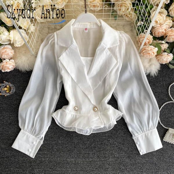 

women blouse blazer collar blusas vintage slim crop ruffle white shirt korean style fashion 2 piece clothing women's blouses & shir