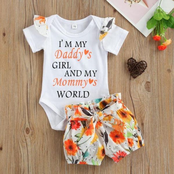 

baby girls 2pcs summer outfits short sleeve letter print bodysuit floral shorts set girl toddler jumpsuits clothing sets, White