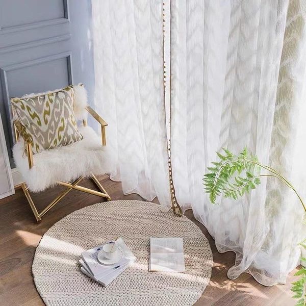 

modern wave style window tassels ball tulle curtain white villa decoration light transmission curtains for living room & drapes