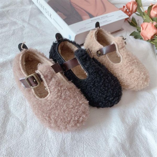 

athletic & outdoor children fleece plush shoes warm girls wool flats autumn winter baby soft bean princess kids buckle strap hollow out, Black