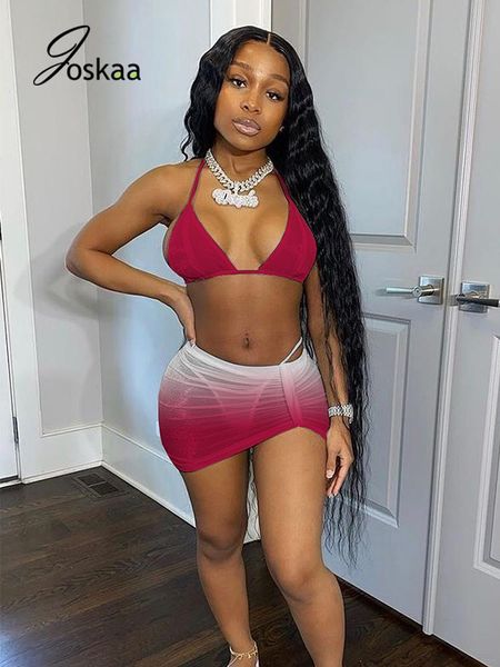 

joskaa women swimsuit matching 3 pieces set gradient printed summer vacation ruched beachwear bathing clothes 2021 fashion one-piece suits