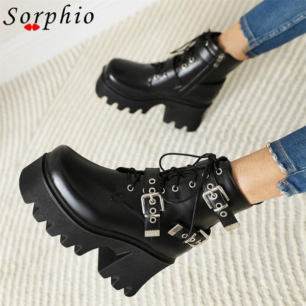 

boots female motorcycle for women autumn round toe chunky heel buckle strap lace up ankle goth fashion 2021, Black