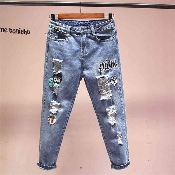 

women spring autumn hole letter embroidery ladies denim pants bf style cross-pants ankle-length jeans trousers y339 9usa, Blue
