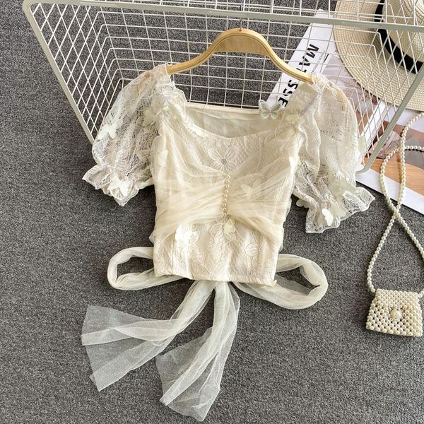 

women's blouses & shirts summer slim hollow out mesh stitching lace bow blouse square collar short sleeve fashion pearl beading women, White