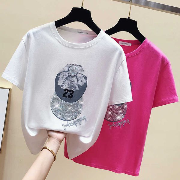 

verhellen harajuku t shirt women korean style summer women o-neck short sleeve diamond tee shirts white t-shirt female 210706