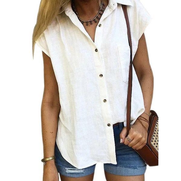 

women's blouses & shirts 2021 summer fashion women v neck loose solid button turn-down collar short sleeve shirt casual cotton linen, White