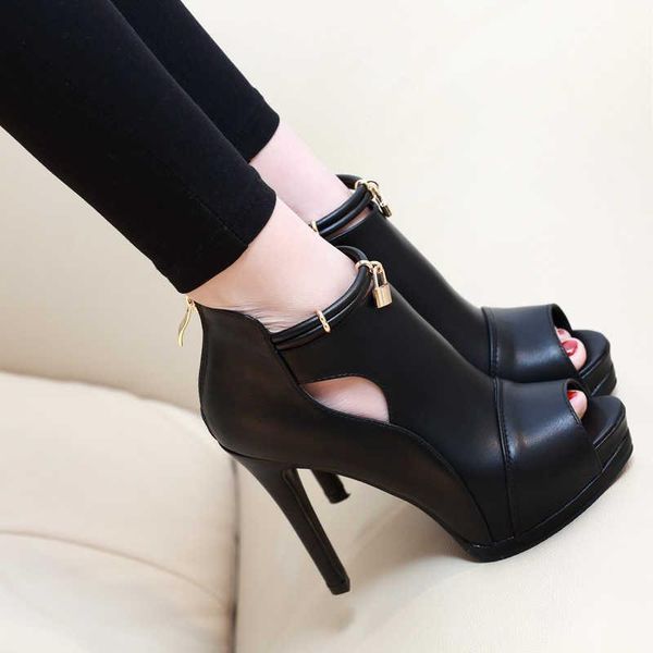 

sandals products in 2021, south korean version of british style hollow out mouth single shoes, high heel waterproof, Black