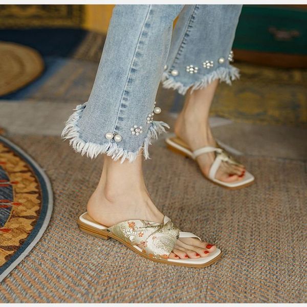 

slippers vintage silk fabri embroidered splicing ladies and women's mules slipper hollow genuine leather slip on flat casual sandal sho, Black