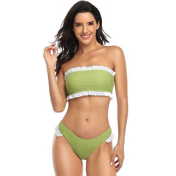 

ruffled strapless two pieces swimsuit women summer tube split thong skinny beach holiday feminine bikini 210608, White;black
