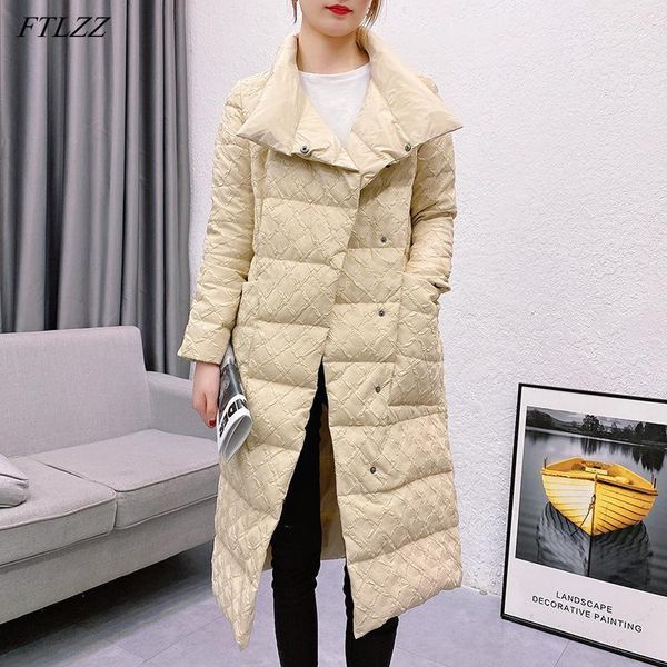 

women's down & parkas ftlzz winter double sided feather long jacket women 90% white duck warm coat fashion plaid thick slim puffer outw, Black
