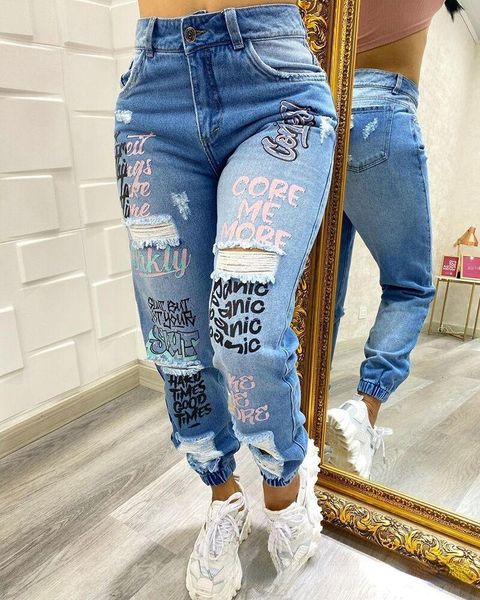 

women's jeans 2021 printed letters with holes personalized blue high waist thin straight pants fashion casual clothes