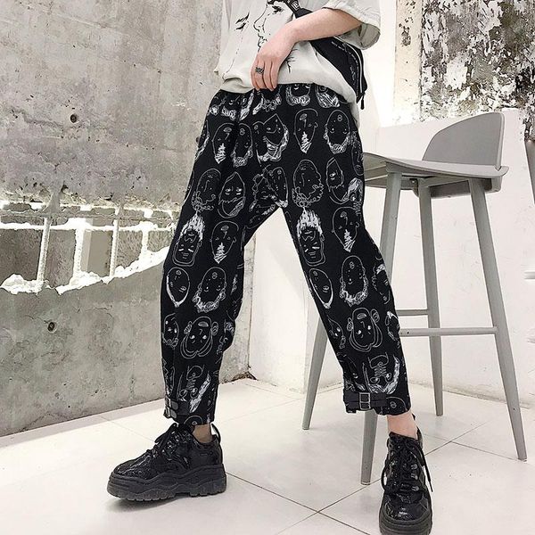 

m-xlsummer personality cartoon printing men's loose casual pants tide male youth hip-hop harem nine pants., Black