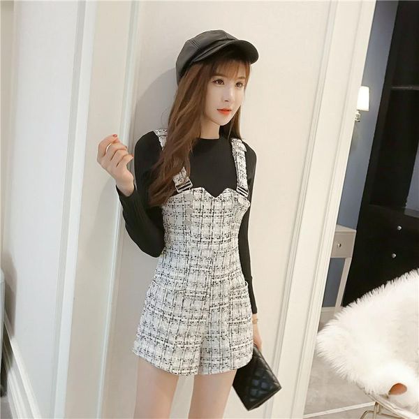

women's jumpsuits & rompers high waist one-piece overalls woolen plaid jumpsuit wide-leg shorts women autumn and winter tweed, Black;white