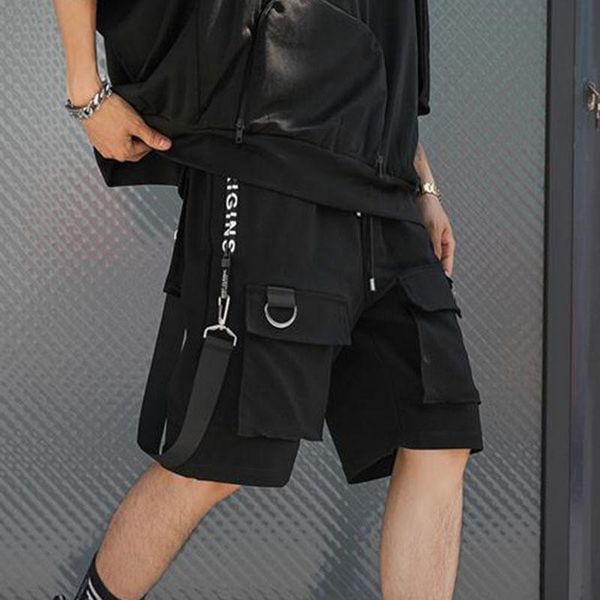 

black ribbons pockets hip hop summer shorts men streetwear joggers man multi-pocket punk casual knee length short pants men's, White;black