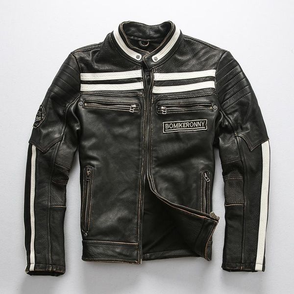 

men's leather & faux 2021 fashion punk style vintgae motorcycle men cowskin genuine jacket black slim skulls embroidery biker coat