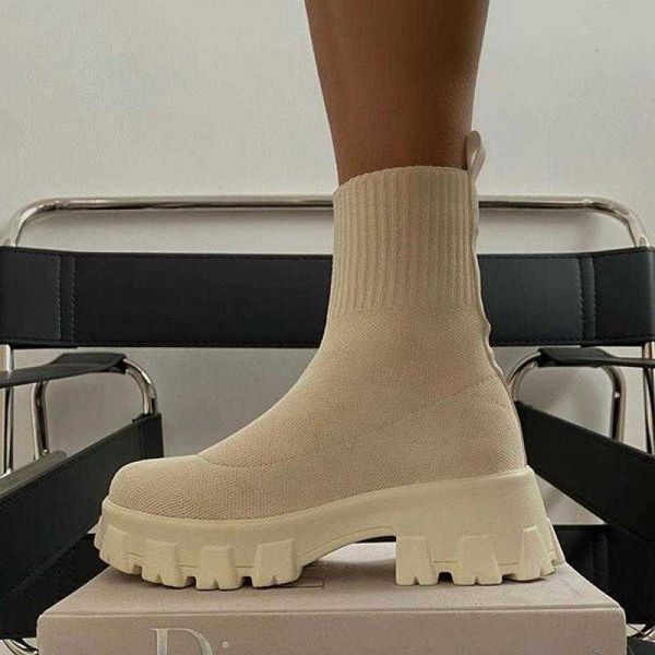 Knöchel Socke Stretch Stiefel Designer Chunky Plattform Schnee Stiefel 2021 Neue Winter Warme Mode Mid Heels Stricken Chelsea Frauen Schuhe y1018