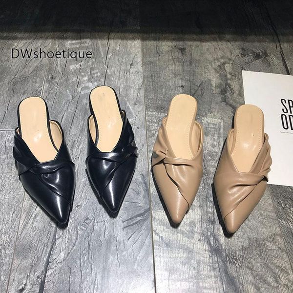 

slippers spring faux leather women mules pointed toe slip on, Black