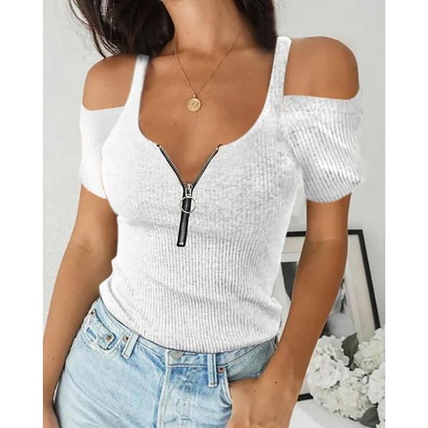 

women's t-shirt women causal off shoulder short sleeve zipper summer solid color lady tshirt female slim plus size clothes, White