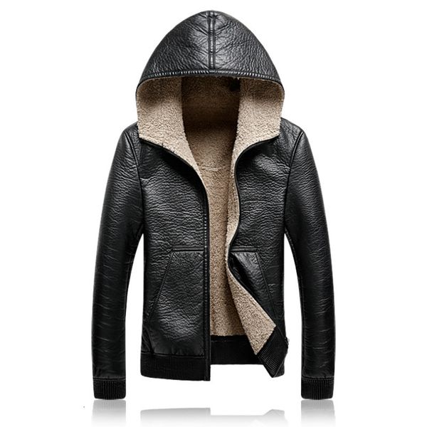 

men's fur & faux mens hooded leather jackets men business casual plus thick warm windproof fleece pu coats motorcycle suede jacket, Black