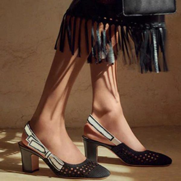 

spring mesh hollow design shoes women square high heel bow tie pumps back strap slingback lady sandals dress, Black