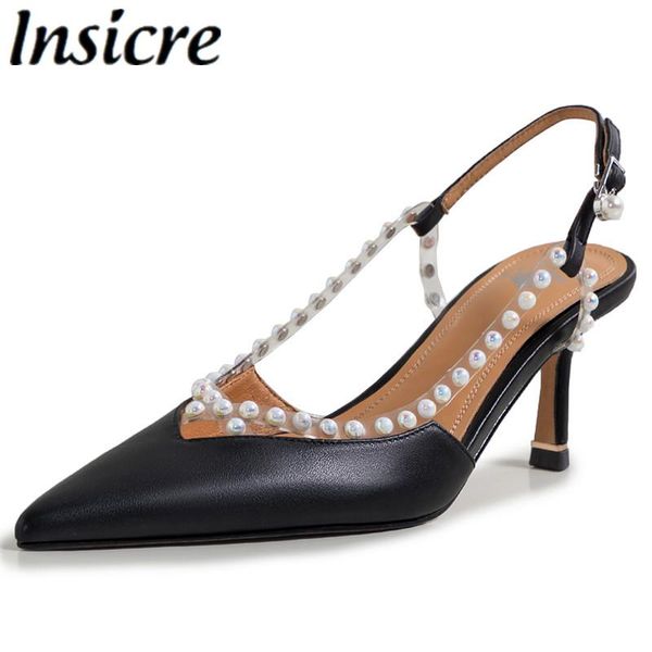 

insicre 2021 summer high heel shoes pointed toe bead cow leather women sandals elegant white buckle thin genuine dress, Black