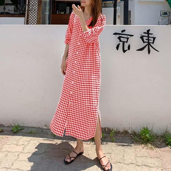 

casual dresses zanzea 2021 fashion check shirt dress women's autumn sundress button long sleeve maxi vestidos female v neck robe oversi, Black;gray