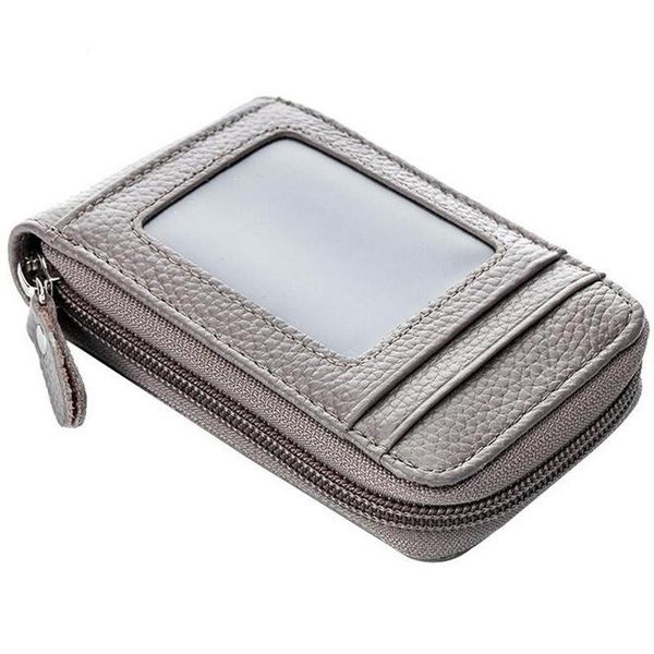 

card holders the first layer of cowhide organ holder women's leather men's multi-card zipper anti-scanning bag, Brown;gray