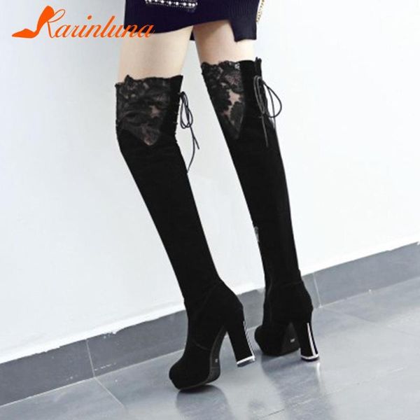 

boots karin ins ladies square heels round toe zipper solid platform over-the-knee women party shoes woman, Black