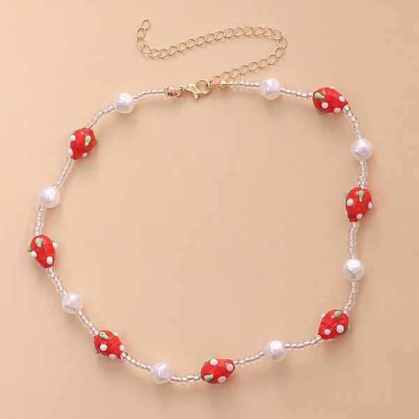 

pendant necklaces women girls necklace colorful beaded painted glass strawberry artificial pearl choker short jewellery gift, Silver