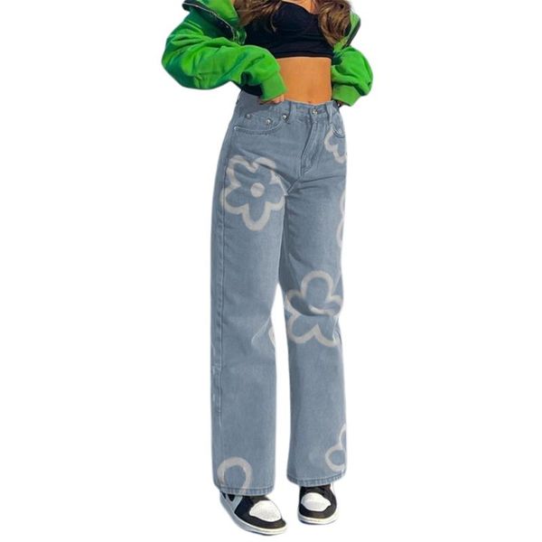 

women's jeans women straight-leg adults high waisted flower print denim pants with pockets, Blue