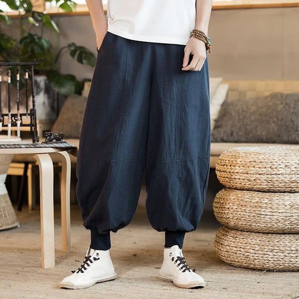 

men's pants fat and plus size drop feeling wide leg chinese style nine point loose linen legged knickerbockers harem, Black