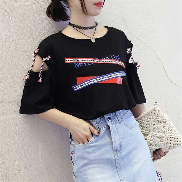 

harajuku hollow out print women's t-shirt o-neck short sleeve lace up women tshirt summer sweety casual tees plus size 210320, White