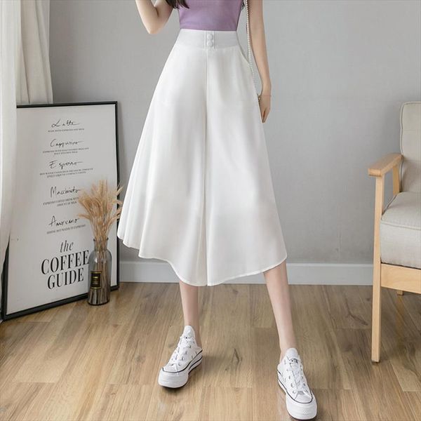 

summer white chiffon women capri wide leg elastic high waist drooping thin capris loose 2 calf length skirt, Black;white