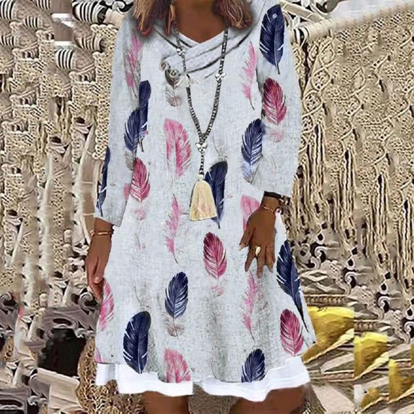 

casual dresses fake two piece feather print dress women loose button pile collar long sleeve retro vestidos elegantes para mujer, Black;gray